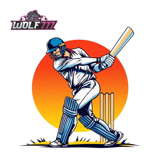 Cricket player in action with stumps in background representing live cricket betting on Wolf777