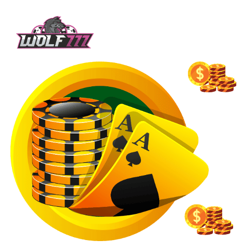 Golden playing cards with stacked coins symbolizing luxury casino gaming on Wolf777